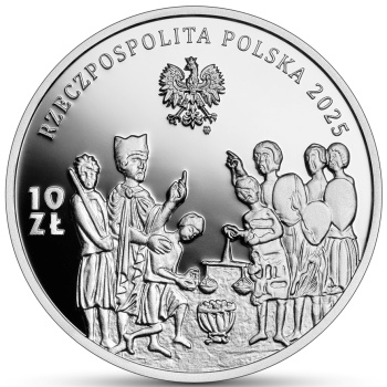 Awers srebrna moneta okrągła w temacie Tysiąclecie koronacji Bolesława Chrobrego 2025